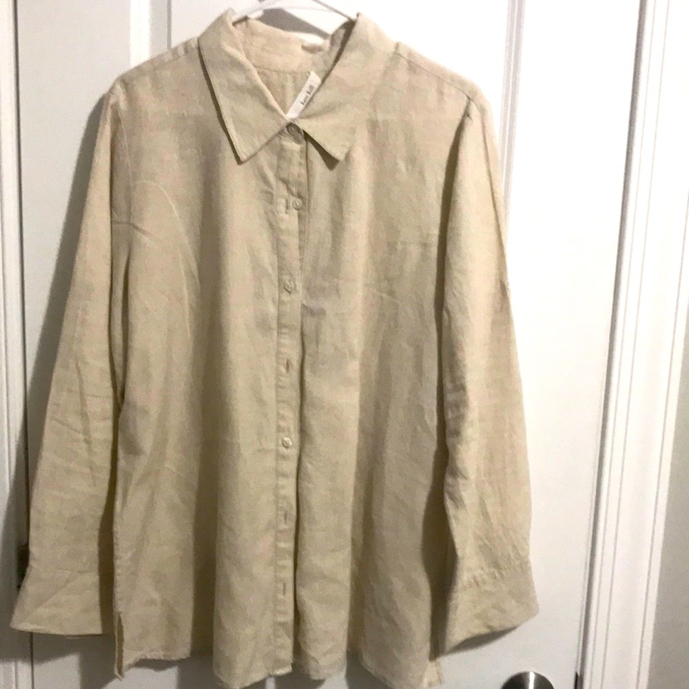 Kate Hill size XL 💯Linen button down shirt tan  with tan sleeve button